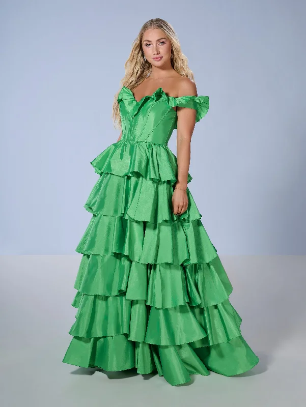 Wedding Trendy Evening Dress-Taffeta Off Shoulder Tiered Gown by Tiffany Designs 16175