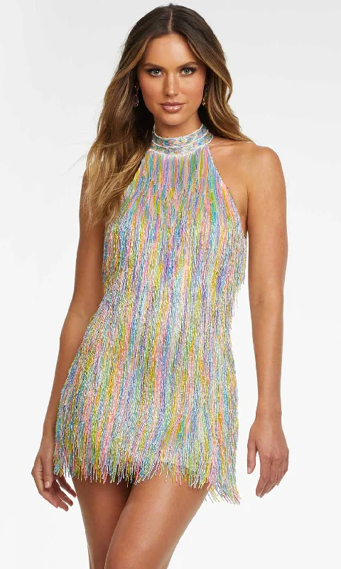 Chiffon Backless Cocktail Dress-Ashley Lauren - 4486 Halter Rainbow Fringe Short Dress