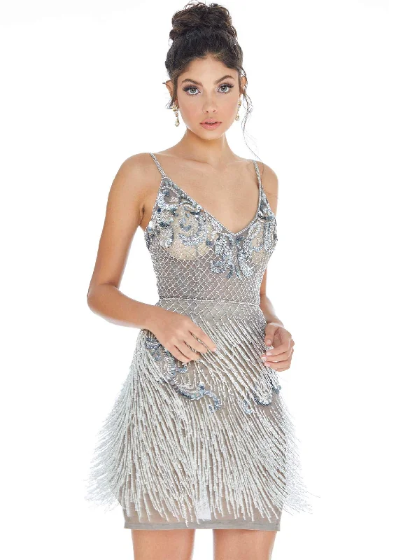 Ashley Lauren - Bead-Fringed Sheath Dress 4261 - 1 pc Silver/Pewter In Size 8 Available