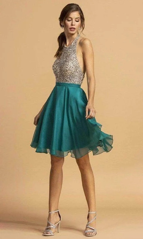 Long Navy Cocktail Dress-Aspeed Design - Bejeweled Halter A-Line Cocktail Dress S2140 - 1 pc Teal In Size XS Available