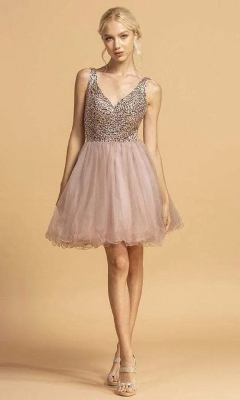 Mesh Teens Cocktail Dress-Aspeed Design - S2114 Beaded Bodice Fit and Flare Tulle Dress - 1 pc Blush In Size S Available