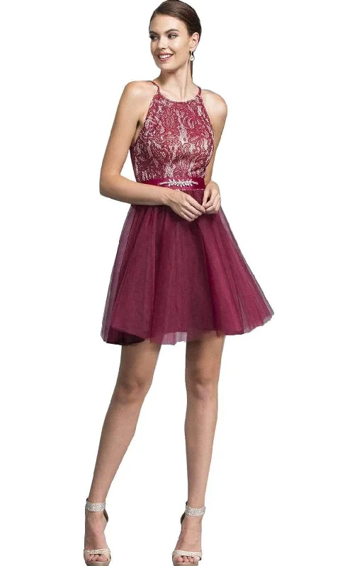 Halter Burgundy Cocktail Dress-Aspeed Design - Short Halter Lace Bodice Dress D136