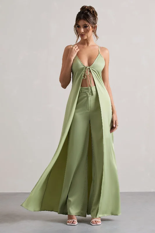 One Shoulder Vintage Maxi Dresses-Calvi | Pale Green Satin Longline Cami Top With Split Front