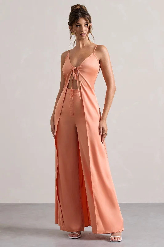 Backless Work Maxi Dresses-Calvi | Peach Satin Longline Cami Top With Split Front