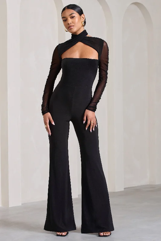 Work Mesh Maxi Dresses-Fallon | Black Flared-Leg Jumpsuit With Long Mesh Sleeves