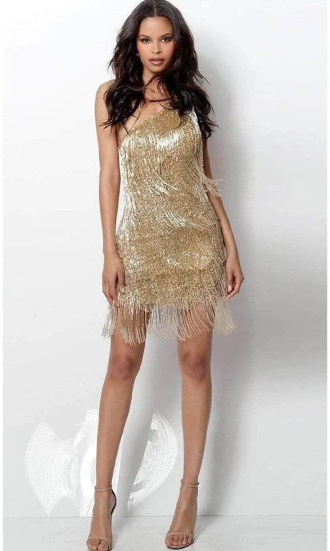 Velvet One Shoulder Cocktail Dress-Jovani - Asymmetric Beaded Cocktail Dress 616841SC - 1 pc Gold In Size 4 Available