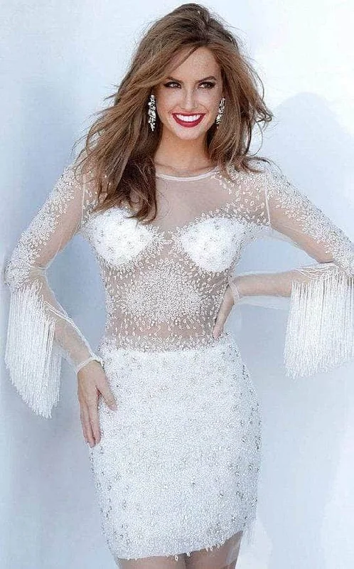 Women Gold Cocktail Dress-Jovani - Beaded Fringe Sheath Cocktail Dress 3152SC - 1 pc Off White In Size 8 Available