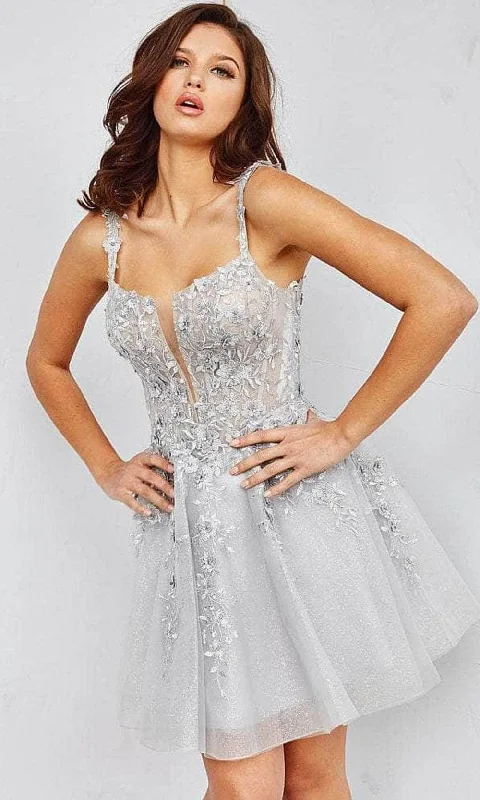 Midi Silver Cocktail Dress-JVN by Jovani JVN22520 - Sleeveless Applique Cocktail Dress