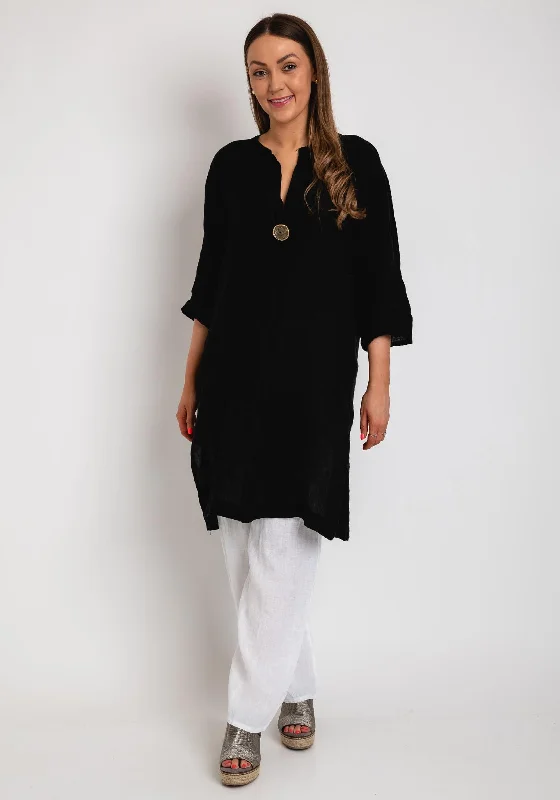 Silk Long Sleeve Maxi Dresses-Serafina Collection One Size Long Tunic Dress, Black