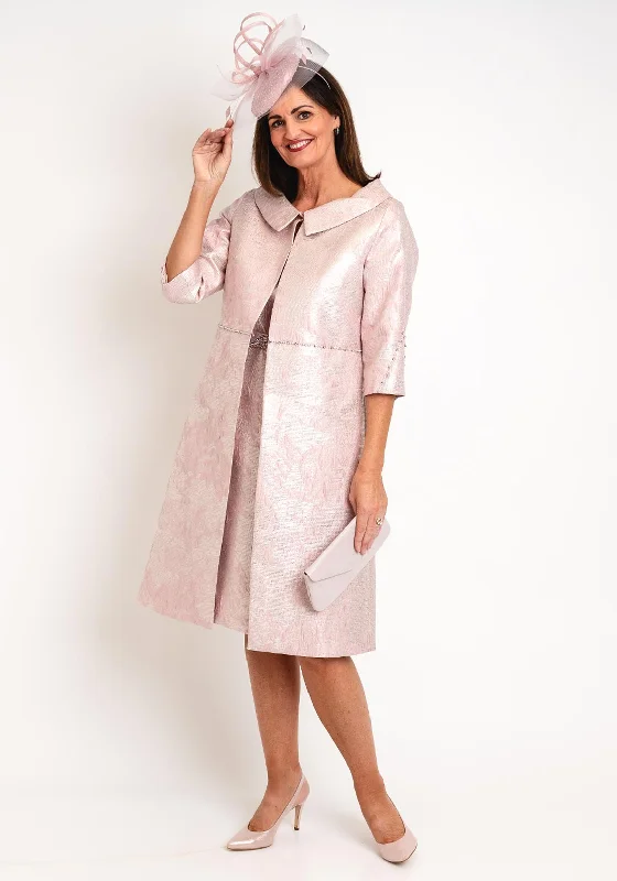 Vintage Satin Maxi Dresses-Lizabella Embossed Design Long Jacket & Dress Set, Blush Pink