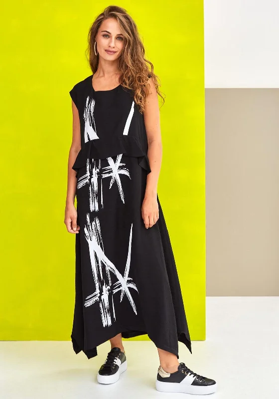 Off Shoulder Winter Maxi Dresses-Naya Printed Curved Hem Long Dress, Black & White