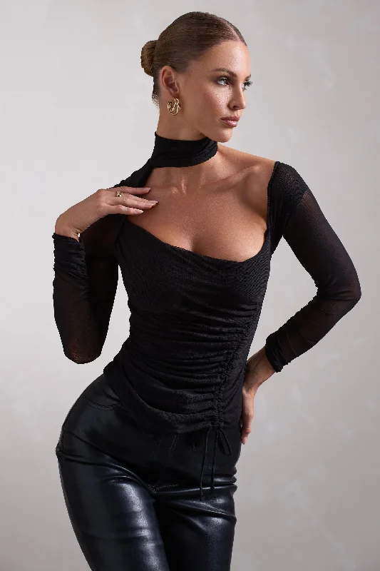 Black Vintage Maxi Dresses-Nicole | Black Ruched Mesh Asymmetric Top With Long Sheer Sleeves