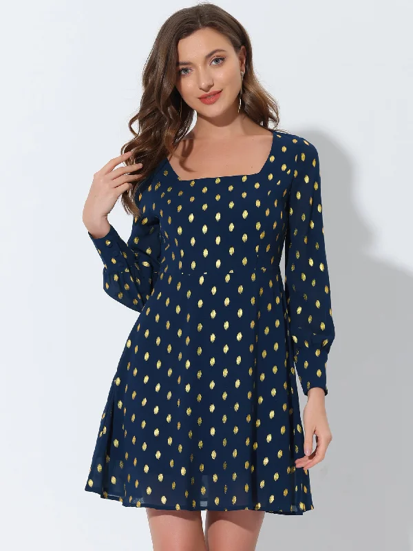 Off Shoulder Club Maxi Dresses-Square Neck Long Puff Sleeve Metallic Polka Dot A-Line Dress