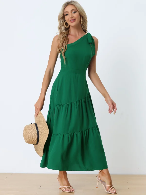 Satin Summer Maxi Dresses-One Shoulder Ruched Sleeveless Elastic Waist Elegant Long Dress Sundress