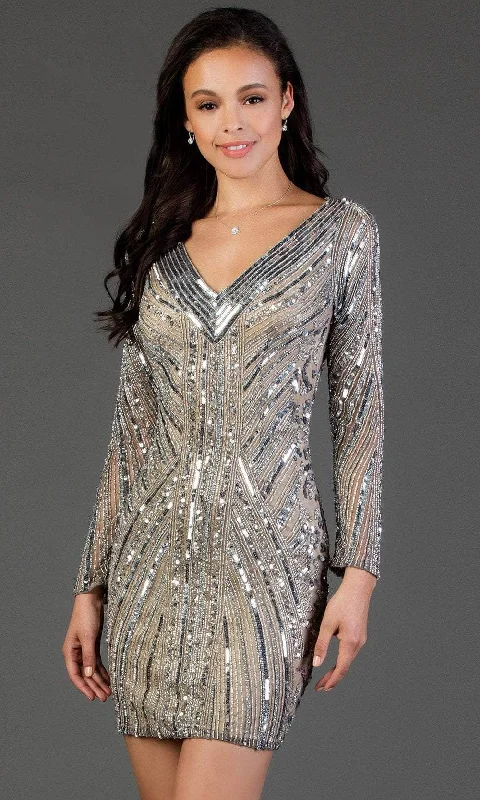 SCALA - Sequined Long Sleeve V-neck Sheath Dress 60056 - 1 pc Lead/Sil In Size 12 Available