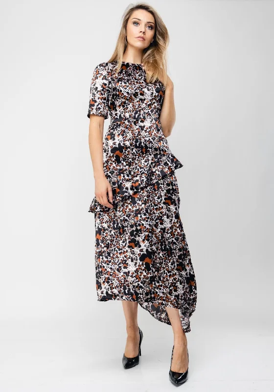 Purple Work Maxi Dresses-Seventy1 Abstract Print Satin Long Dress, Black