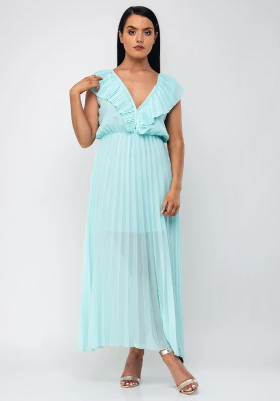 Black Winter Maxi Dresses-Seventy1 Pleated Long One Size Dress, Turquoise