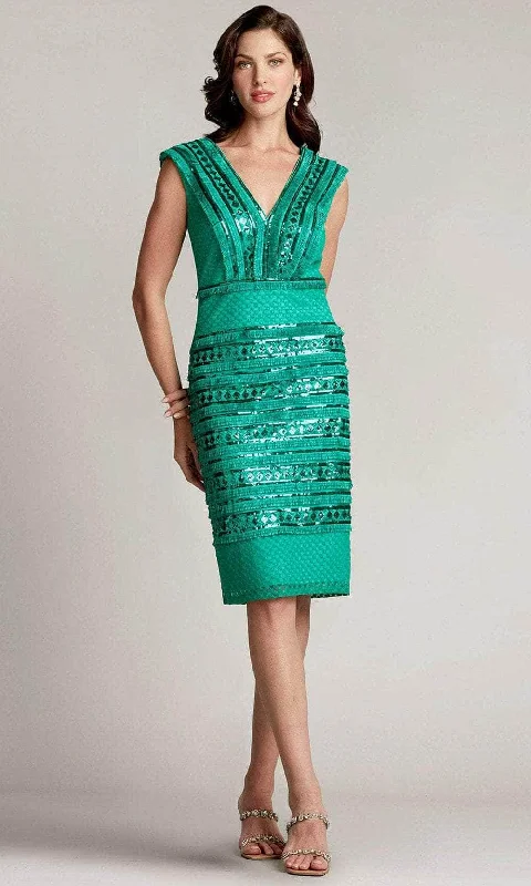 Embroidered Mini Cocktail Dress-Tadashi Shoji BTZ22223M - Clyde Sequin Fringe V-Neck Dress