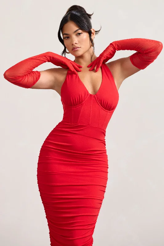 Trendy Work Maxi Dresses-Your Touch | Red Sheer Long Ruched Gloves