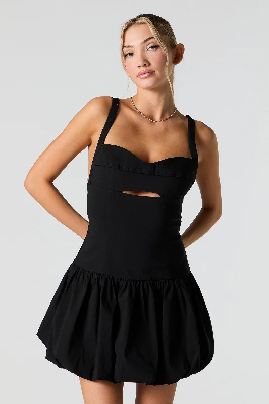 Black Winter Mini Dresses-Sweetheart Cut-Out Bubble Hem Mini Dress