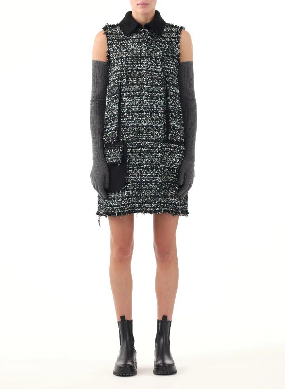 Work Mesh Mini Dresses-COLLARED TWEED MINI SHIFT DRESS