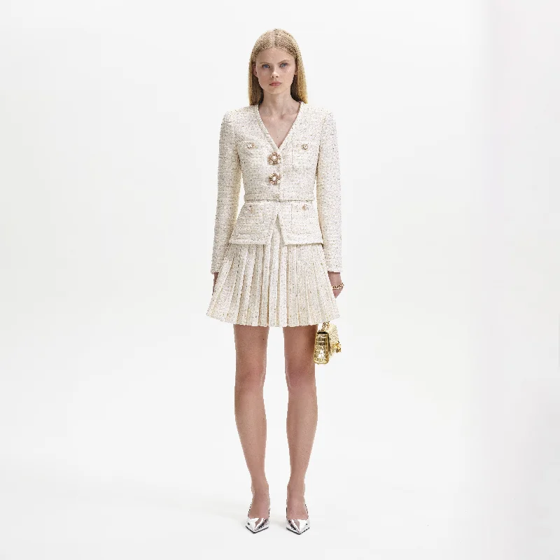 Embroidered Vintage Mini Dresses-Cream Metallic Boucle Mini Jacket Dress