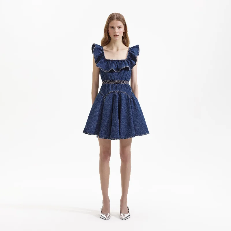 Strapless Mini Dresses-Denim Ruffle Mini Dress