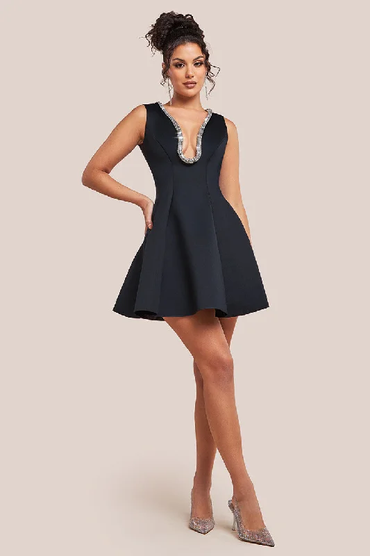 One Shoulder Vintage Mini Dresses-Goddiva Diamante Embellished Neck A-Line Mini Dress - Black