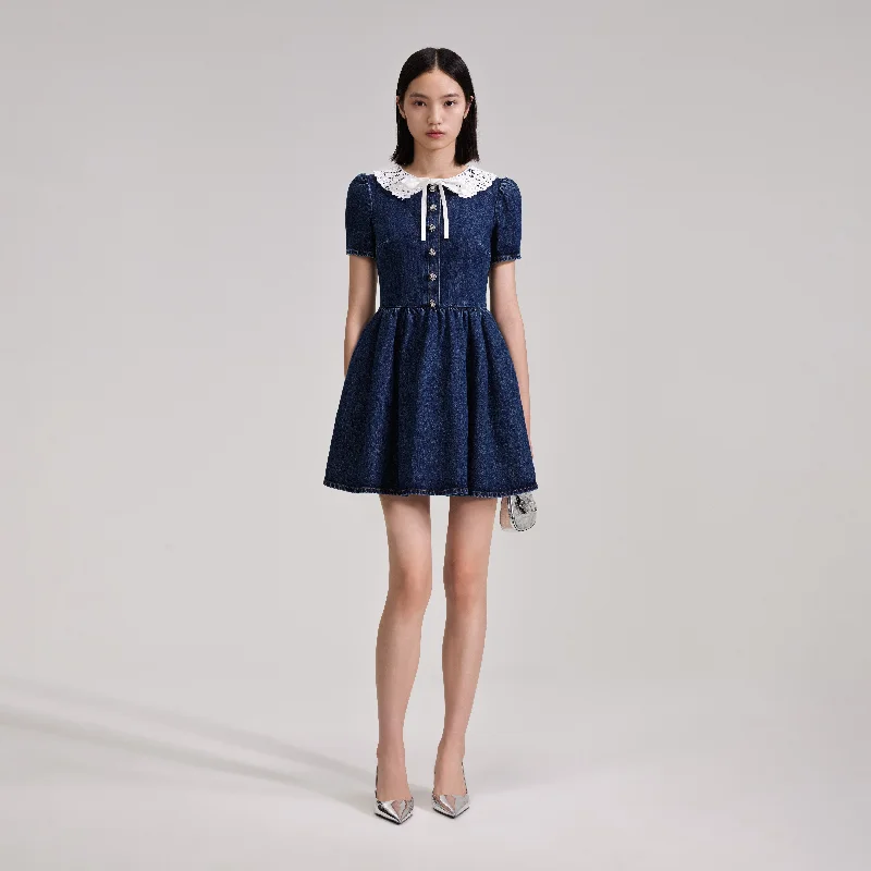 V Neck Mini Dresses-Lace Collar Denim Mini Dress