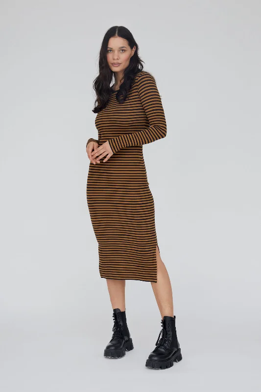 Maternity Maxi Dresses-Ludmilla Long Dress - Bronze Brown/Black Stripe