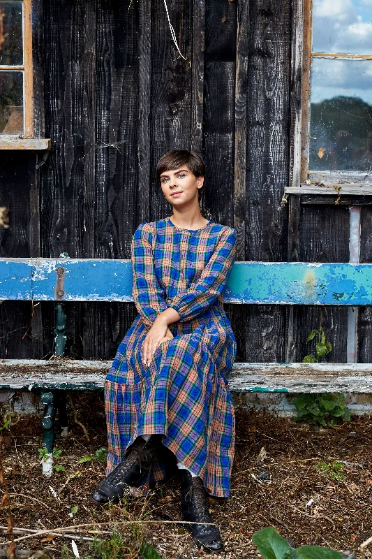 Yellow Sleeveless Maxi Dresses-Mill Town Dress in Longford Tartan Irish Linen