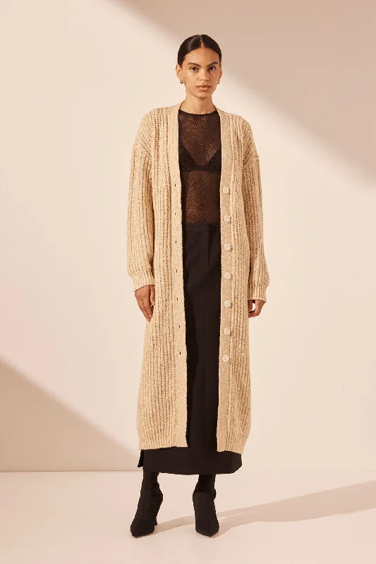 Black Casual Maxi Dresses-OLIVIA LONG CARDIGAN - OAT/ IVORY