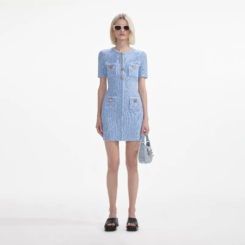 Trendy Boho Mini Dresses-Blue Jewel Button Knit Mini Dress