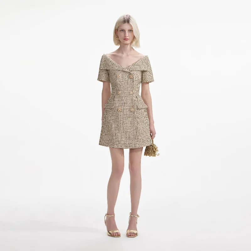 Mesh Grey Mini Dresses-Gold Boucle Open Neck Mini Dress