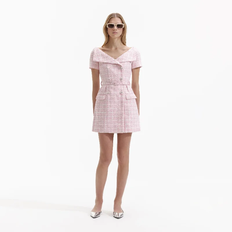 Cotton Club Mini Dresses-Pink Boucle Off Shoulder Mini Dress