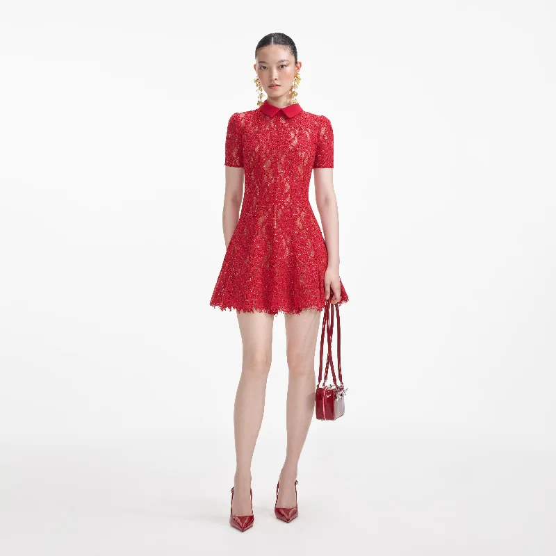 Sleeveless Work Mini Dresses-Red Sequin Lace Mini Dress