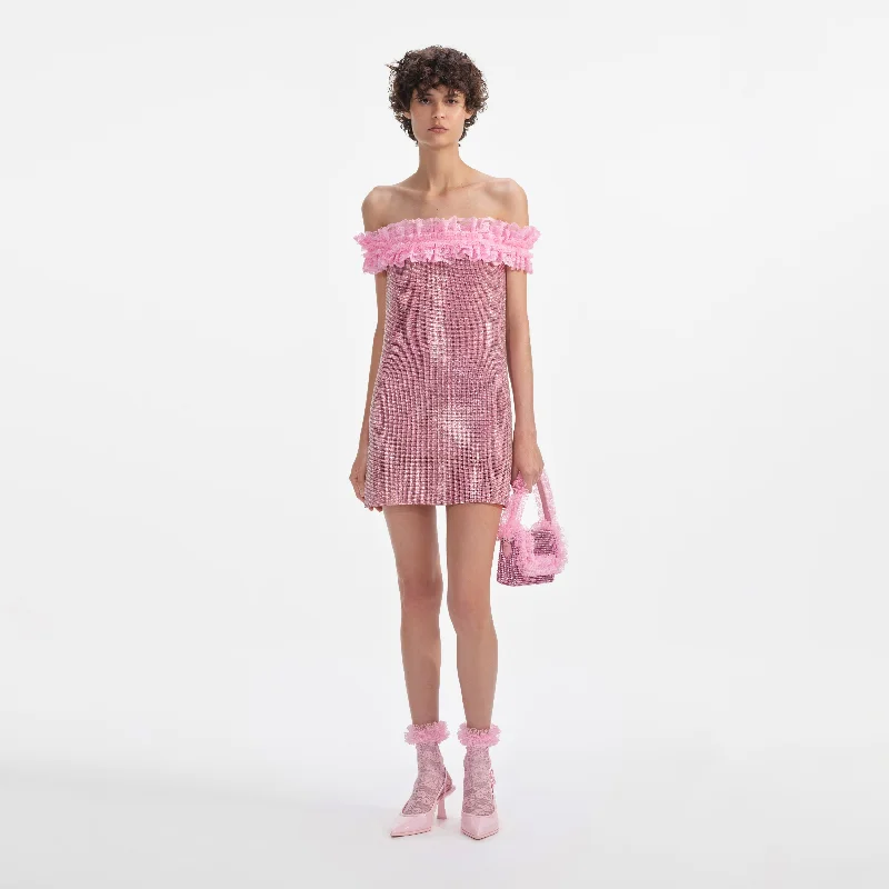 High Neck Party Mini Dresses-Pink Crystal Chainmail Mini Dress