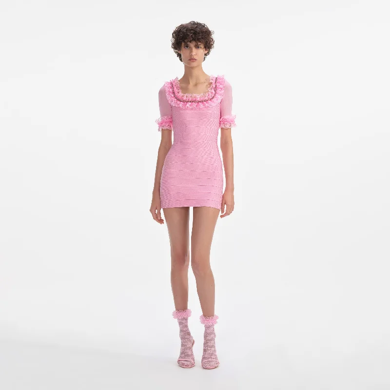 Halter Date Mini Dresses-Pink Ruffle Knit Mini Dress