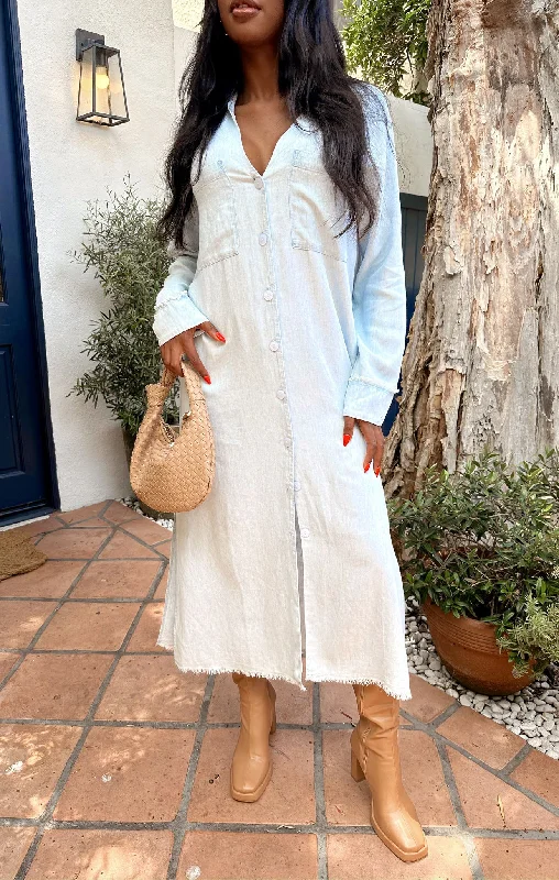 Winter Blue Maxi Dresses-Wilmington Long Shirt Dress ~ Light Chambray