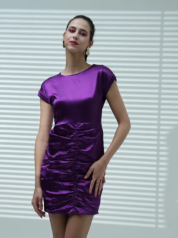 Beaded Mini Dresses-Women Purple Lycra Satin Ruched Mini Dress